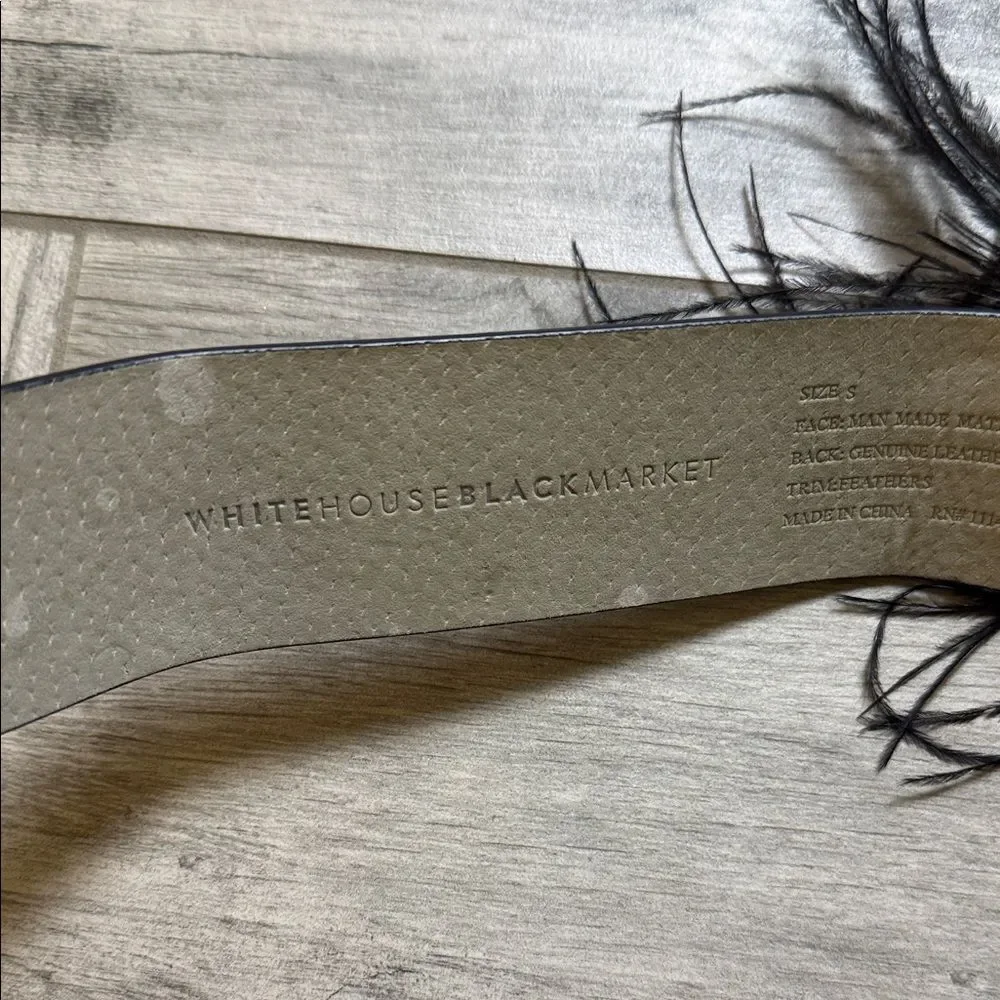 White House Black Market Black Feather Belt with Crystal Brooch Size Small